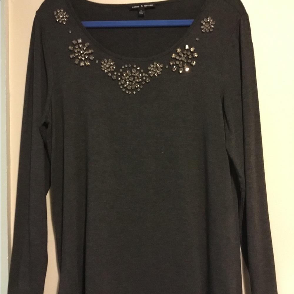 Gray Rhinestone Bedazzled Top Holiday Sparkle